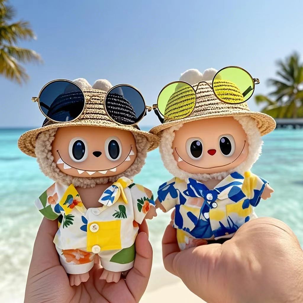 Labubu Macaron Summer Vacation Hollow Straw Hat Braided Hat Sunglasses Accessories